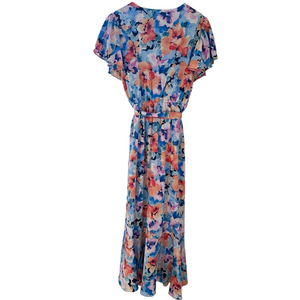 Nicole Miller Maxi Dress Large Faux Wrap Floral Flutter Sleeve V-Neck - Picture 3 of 15
